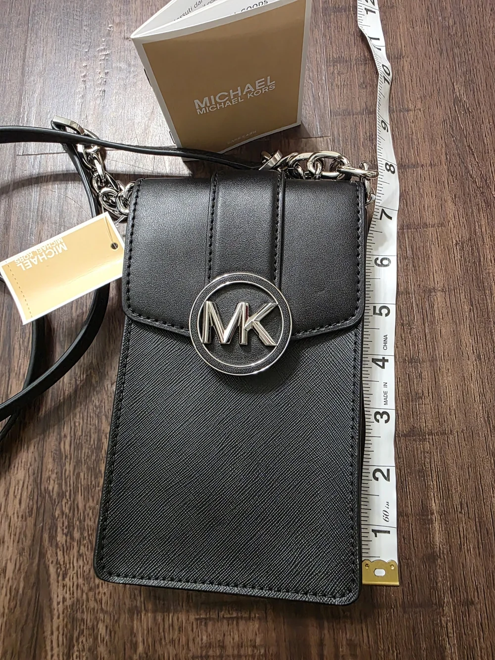 NWT Michael Kors Black Phone Crossbody Bag Silver MK Logo Chain Strap